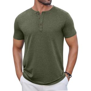 imageCOOFANDY Mens Casual Henley Shirts Short Sleeve Pocket TShirts Lightweight Button Henley Pullover Basic TeesArmy Green