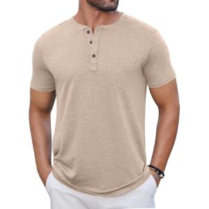 imageCOOFANDY Mens Casual Henley Shirts Short Sleeve Pocket TShirts Lightweight Button Henley Pullover Basic TeesKhaki