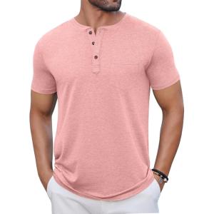 imageCOOFANDY Mens Casual Henley Shirts Short Sleeve Pocket TShirts Lightweight Button Henley Pullover Basic TeesPink