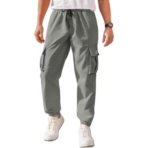 imageCOOFANDY Mens Casual Joggers Pants Stretch Waist Drawstring Cargo Pants Tapered Sweatpants with PocketsLight Grey