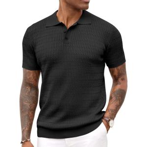 imageCOOFANDY Mens Knit Polo Shirt Short Sleeve Vintage Textured Casual Golf Shirts Summer Beach TopBlack