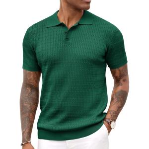 imageCOOFANDY Mens Knit Polo Shirt Short Sleeve Vintage Textured Casual Golf Shirts Summer Beach TopDark Green