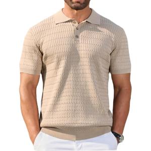 imageCOOFANDY Mens Knit Polo Shirt Short Sleeve Vintage Textured Casual Golf Shirts Summer Beach TopKhaki