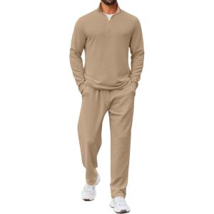 imageCOOFANDY Mens 2 Piece Tracksuit Set Quarter Zip Sweatsuit Athletic Running Suit Sets Long Sleeve Casual OutfitsKhaki