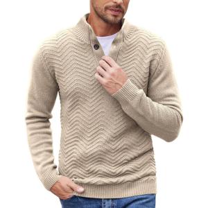 imageCOOFANDY Men Quarter Button Sweater Pullover Cable Knit Henley Mock Neck SweaterBeige