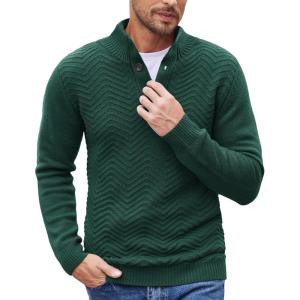 imageCOOFANDY Men Quarter Button Sweater Pullover Cable Knit Henley Mock Neck SweaterGreen