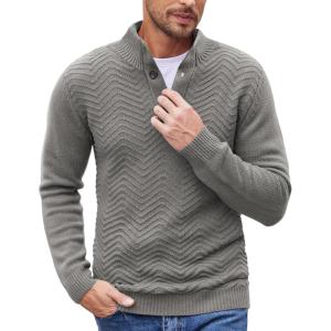 imageCOOFANDY Men Quarter Button Sweater Pullover Cable Knit Henley Mock Neck SweaterGrey