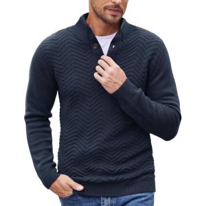imageCOOFANDY Men Quarter Button Sweater Pullover Cable Knit Henley Mock Neck SweaterNavy Blue