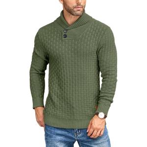 imageCOOFANDY Mens Shawl Collar Pullover Sweater Casual Slim Fit Button Textured Knit SweatersArmy Green