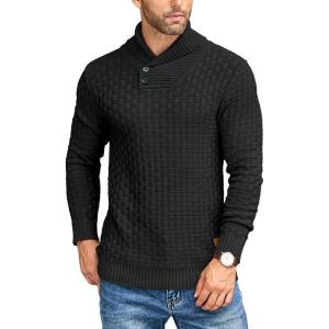 imageCOOFANDY Mens Shawl Collar Pullover Sweater Casual Slim Fit Button Textured Knit SweatersBlack