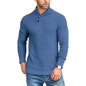 imageCOOFANDY Mens Shawl Collar Pullover Sweater Casual Slim Fit Button Textured Knit SweatersDenim Blue