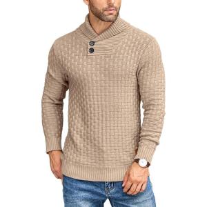 imageCOOFANDY Mens Shawl Collar Pullover Sweater Casual Slim Fit Button Textured Knit SweatersKhaki