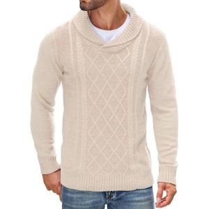 imageCOOFANDY Mens Shawl Collar Sweaters VNeck Relaxed Fit Cable PulloversApricot