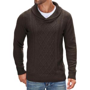 imageCOOFANDY Mens Shawl Collar Sweaters VNeck Relaxed Fit Cable PulloversBrown