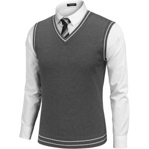 imageCOOFANDY Mens Sleeveless Sweater Vest Lightweight VNeck Cotton Vest PulloverGrey and White Stripe
