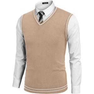 imageCOOFANDY Mens Sleeveless Sweater Vest Lightweight VNeck Cotton Vest PulloverKhaki and White Stripe