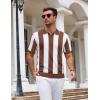 imageCOOFANDY Mens Knit Polo Shirts V Neck Short Sleeve Stretch Polo T Shirt Casual Golf ShirtsCoffee  White Stripes