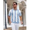 imageCOOFANDY Mens Knit Polo Shirts V Neck Short Sleeve Stretch Polo T Shirt Casual Golf ShirtsLight Blue  White Stripes