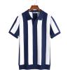 imageCOOFANDY Mens Knit Polo Shirts V Neck Short Sleeve Stretch Polo T Shirt Casual Golf ShirtsNavy Blue  White Stripes