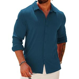 imageCOOFANDY Athletic Fit Dress Shirts for Men Ribbed Knit Textured Button Down ShirtsDeep Blue