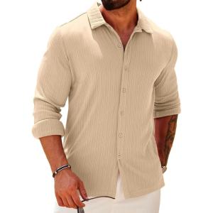 imageCOOFANDY Athletic Fit Dress Shirts for Men Ribbed Knit Textured Button Down ShirtsLight Khaki