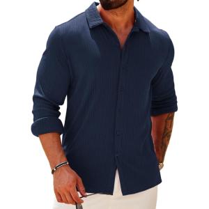 imageCOOFANDY Athletic Fit Dress Shirts for Men Ribbed Knit Textured Button Down ShirtsNavy