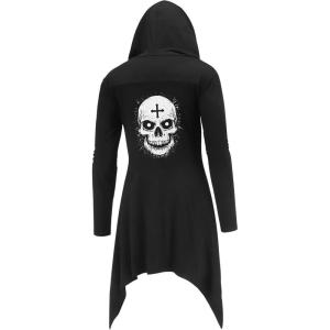imageCOOFANDY Long Hooded Cardigan Ruffle Shawl Collar Open Front Lightweight Drape Cape Overcoat with PocketsBlack Printed
