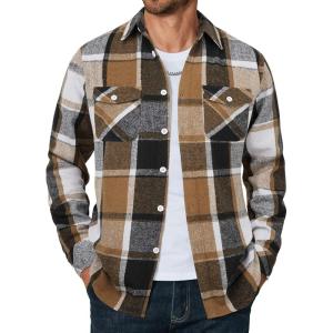 imageCOOFANDY Men Flannel Shirt Casual Button Down Shirt Jacket Long Sleeve Plaid Shirts with PocketsKhaki Gray
