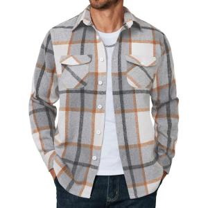 imageCOOFANDY Men Flannel Shirt Casual Button Down Shirt Jacket Long Sleeve Plaid Shirts with PocketsLight Gray
