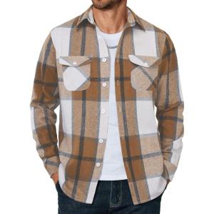 imageCOOFANDY Men Flannel Shirt Casual Button Down Shirt Jacket Long Sleeve Plaid Shirts with PocketsLight Khaki