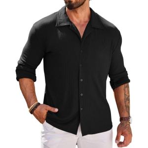 imageCOOFANDY Men Long Sleeve Button Down Shirts Muscle Fit Dress Shirts Slim Fit Knit Shirts Camp Collar ShirtsBlack