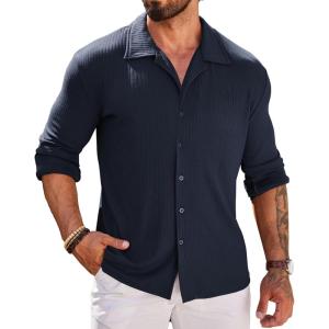 imageCOOFANDY Men Long Sleeve Button Down Shirts Muscle Fit Dress Shirts Slim Fit Knit Shirts Camp Collar ShirtsNavy