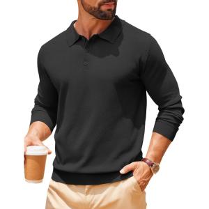 imageCOOFANDY Men Long Sleeve Polo Sweater Knitted Polo Slim Fit Waffle Collared Pullover SweaterBlack