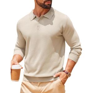 imageCOOFANDY Men Long Sleeve Polo Sweater Knitted Polo Slim Fit Waffle Collared Pullover SweaterChampagne