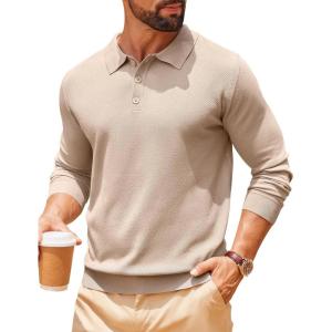 imageCOOFANDY Men Long Sleeve Polo Sweater Knitted Polo Slim Fit Waffle Collared Pullover SweaterKhaki