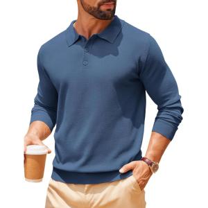 imageCOOFANDY Men Long Sleeve Polo Sweater Knitted Polo Slim Fit Waffle Collared Pullover SweaterPeacock Blue