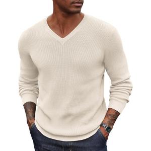 imageCOOFANDY Men V Neck Dress Sweater Knit Long Sleeve Casual Slim Fit Pullover SweaterApricot