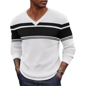 imageCOOFANDY Men V Neck Dress Sweater Knit Long Sleeve Casual Slim Fit Pullover SweaterBlack  White