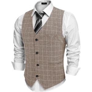 imageCOOFANDY Mens Casual Business Vests Lightweight Waistcoat Slim Fit Suit VestBrown Plaid