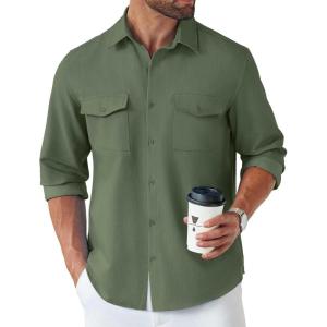 imageCOOFANDY Mens Casual Button Down Shirt Long Sleeve Untucked Shirt Stretch Denim Dress Shirt with PocketsArmy Green