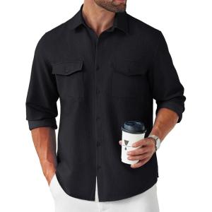 imageCOOFANDY Mens Casual Button Down Shirt Long Sleeve Untucked Shirt Stretch Denim Dress Shirt with PocketsBlack