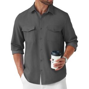 imageCOOFANDY Mens Casual Button Down Shirt Long Sleeve Untucked Shirt Stretch Denim Dress Shirt with PocketsDark Gray