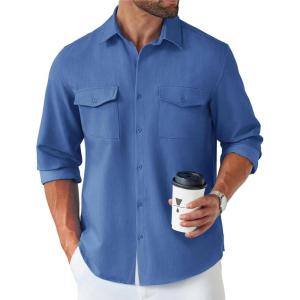 imageCOOFANDY Mens Casual Button Down Shirt Long Sleeve Untucked Shirt Stretch Denim Dress Shirt with PocketsDenim Blue