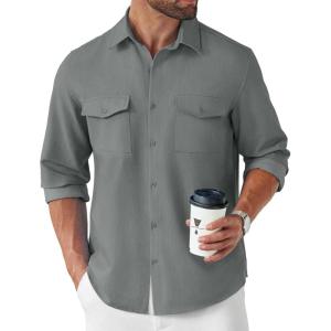 imageCOOFANDY Mens Casual Button Down Shirt Long Sleeve Untucked Shirt Stretch Denim Dress Shirt with PocketsGrey