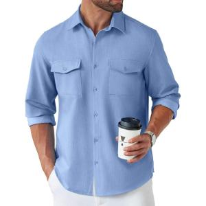 imageCOOFANDY Mens Casual Button Down Shirt Long Sleeve Untucked Shirt Stretch Denim Dress Shirt with PocketsLight Blue