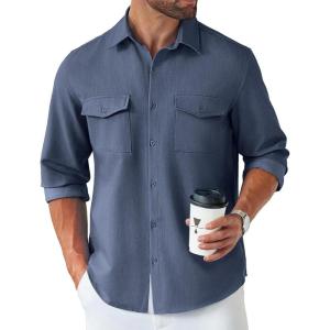 imageCOOFANDY Mens Casual Button Down Shirt Long Sleeve Untucked Shirt Stretch Denim Dress Shirt with PocketsNavy Blue