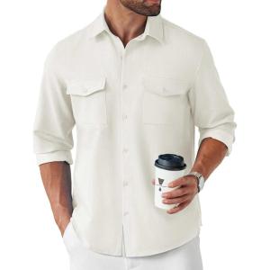 imageCOOFANDY Mens Casual Button Down Shirt Long Sleeve Untucked Shirt Stretch Denim Dress Shirt with PocketsWhite