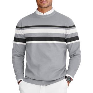 imageCOOFANDY Mens Crew Neck Sweaters Long Sleeve Lightweight Knit Dress Pullover SweatersStripeslight Gray
