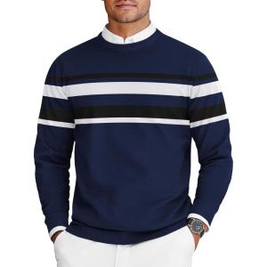 imageCOOFANDY Mens Crew Neck Sweaters Long Sleeve Lightweight Knit Dress Pullover SweatersStripesnavy Blue
