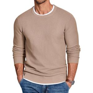 imageCOOFANDY Mens Crewneck Sweater Slim Fit Lightweight Knit Pullover Casual Dress Crew Neck Pullover SweatersKhaki